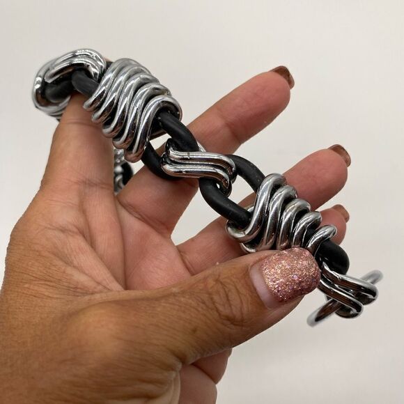 Unique Black Rubber & Silver 1” X 14” Choker Collar Snap Closure Clasp 7.9 oz - Picture 4 of 10